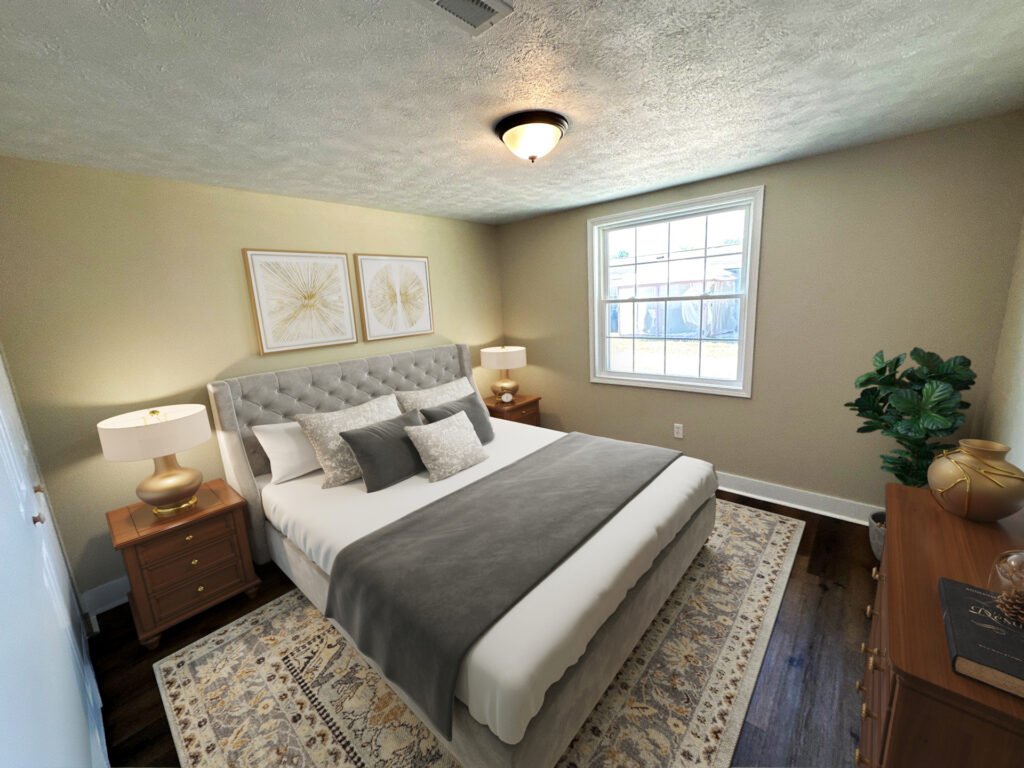 Two-bedroom Patio Home apartment in Country Club Hills, Steubenville, staged bedroom with furniture and décor.