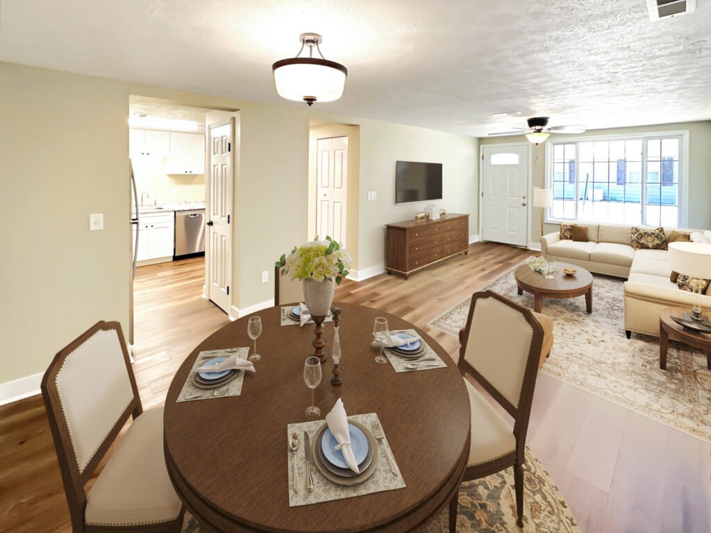 Two bedroom Patio Home apartment in Country Club Hills, Steubenville, staged dining area with table and chairs