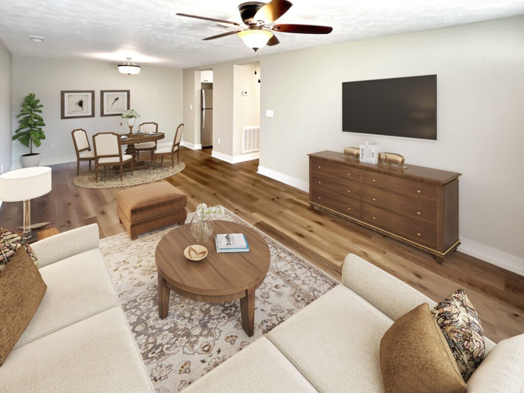 Two-bedroom Patio Home apartment in Country Club Hills, Steubenville, staged living room with furniture and décor