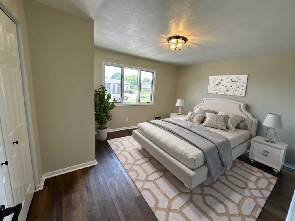 Penthouse Suite bedroom at Country Club Hills, Steubenville, staged with furniture and décor.